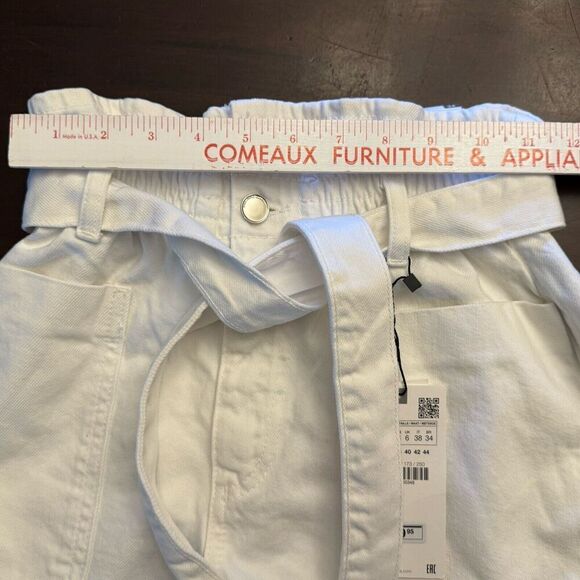 ZARA Hi Rise Rigid Paperbag Shorts White Denim Belt Size 2 Cotton Pockets Cuff - Picture 11 of 14